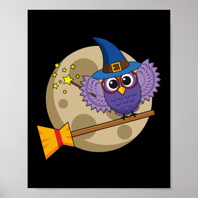 Cartoon Wizard Owl Flying on Broom Poster (Vorne)