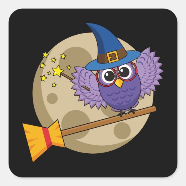 Cartoon Wizard Owl Flying on Broom Quadratischer Aufkleber (Vorderseite)
