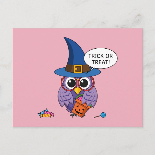 Cartoon Wizard Owl - Trick oder Treten Postkarte (Vorderseite)