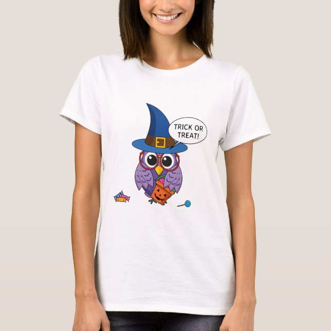 Cartoon Wizard Owl - Trick oder Treten T-Shirt (Vorderseite)