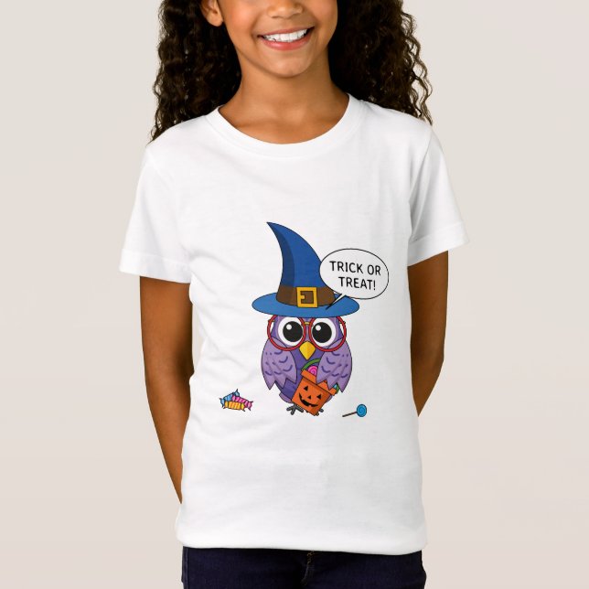 Cartoon Wizard Owl - Trick oder Treten T-Shirt (Vorderseite)