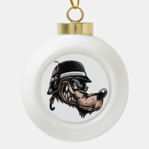 Cartoon Wolf mit Dynamit auf seinem deutschen Helm Keramik Kugel-Ornament