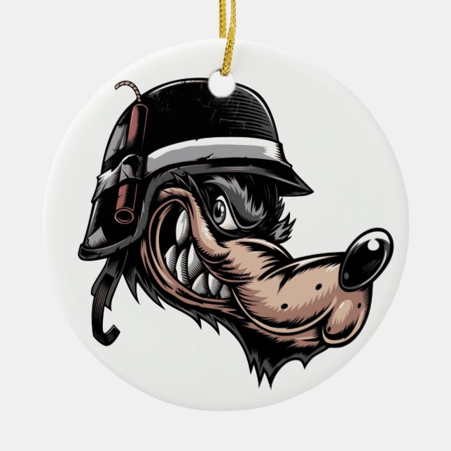 Cartoon Wolf mit Dynamit auf seinem deutschen Helm Keramik Ornament (Vorne)