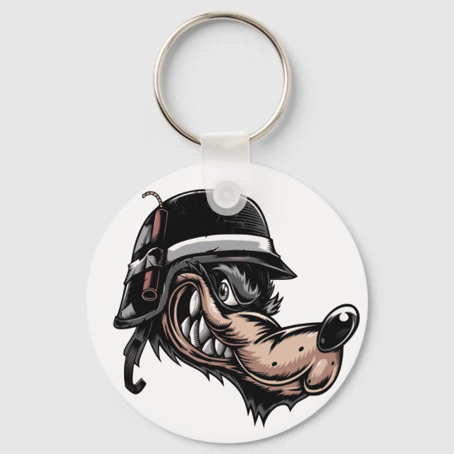 Cartoon Wolf mit Dynamit auf seinem deutschen Helm Schlüsselanhänger (Vorderseite)