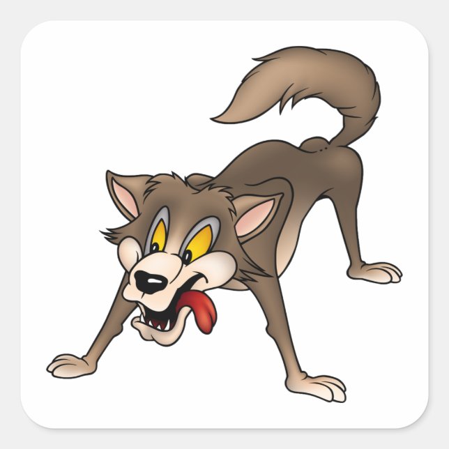 Cartoon Wolf mit Goofy Expression Quadratischer Aufkleber (Vorderseite)