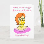Cartoon Woman Face Mask Lipstick Birthday Karte<br><div class="desc">Funny cartoon of a woman wearing a face mask. Text reads 'NAME was saving a fortune on lipstick' and 'Happy Birthday' and inside the card says 'Enjoy your special day'. Easily edit any of the text boxes to personalise this card or change the message or remove Happy Birthday. The woman...</div>