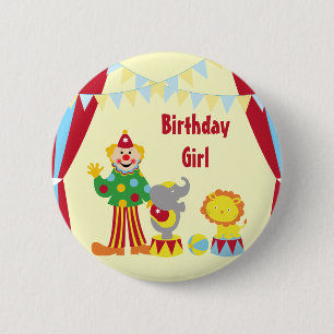 Cartoon-Zirkus-Clown und Tier-Geburtstags-Mädchen Button