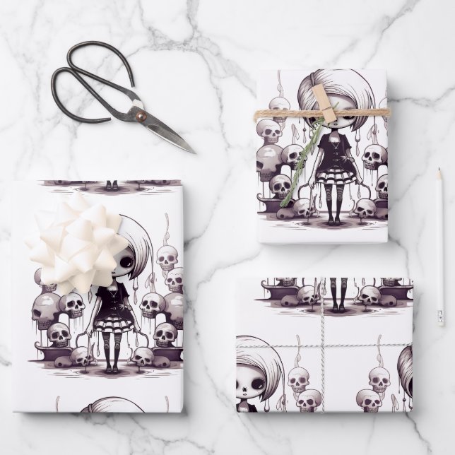 Cartoon Zombie Girl Wrapping Paper Geschenkpapier Set (Vorderseite)