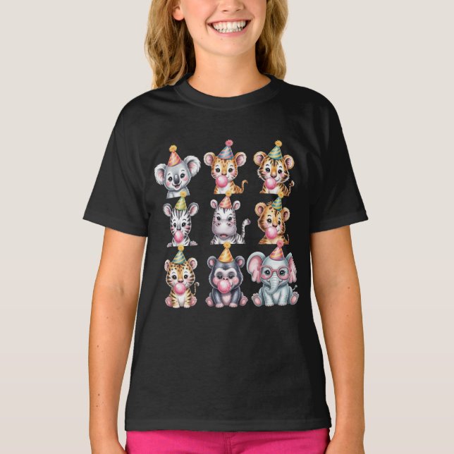Cartoon Zoo Animals with Party Hats & Bubble Gum T-Shirt (Vorderseite)