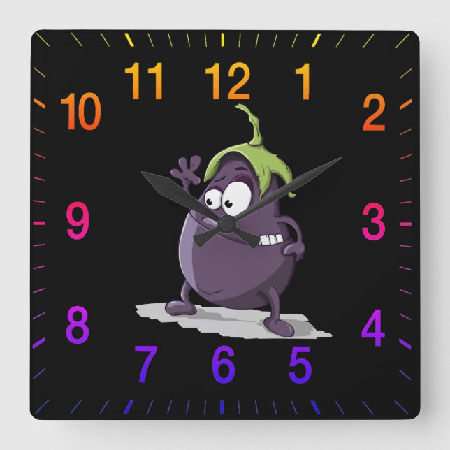 Cartoonaubergine mit grünem Haar 2 der großen Quadratische Wanduhr (Vorderseite)