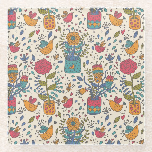 Cartoonblumenmuster mit Vögeln 2 Glasuntersetzer (Vorderseite)