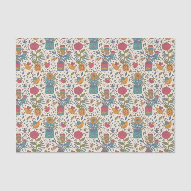Cartoonblumenmuster mit Vögeln 2 Seidenpapier (Vorderseite)