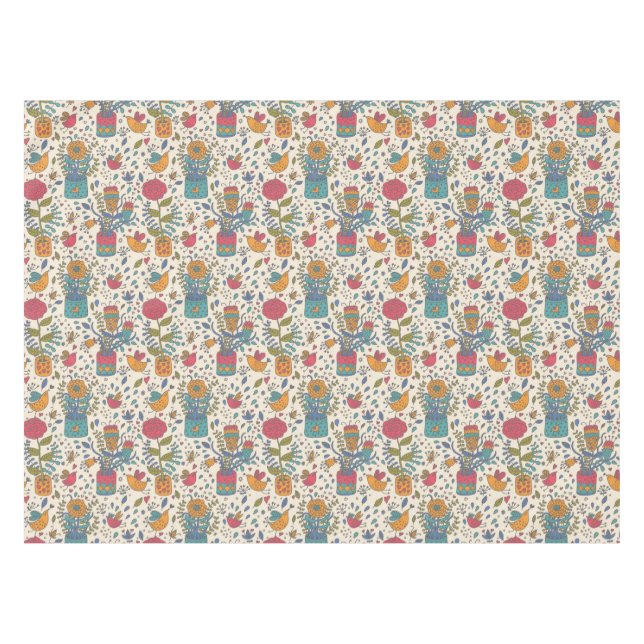 Cartoonblumenmuster mit Vögeln 2 Tischdecke (Vorderseite (Horizontal))