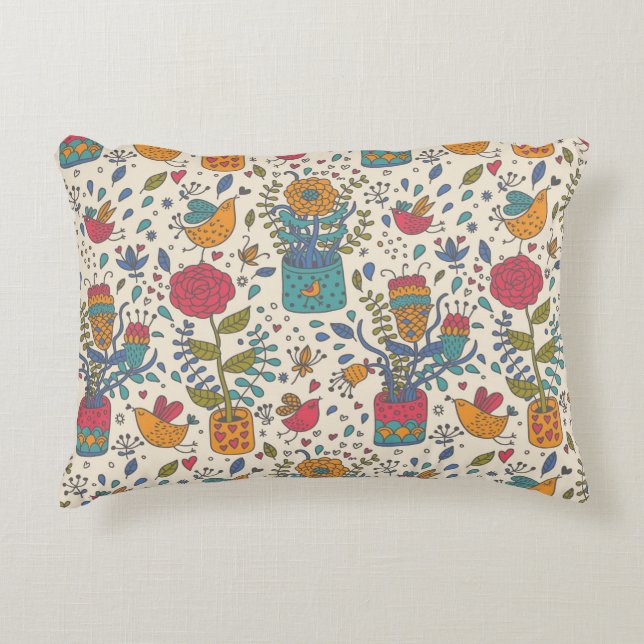 Cartoonblumenmuster mit Vögeln 2 Zierkissen (Vorderseite)