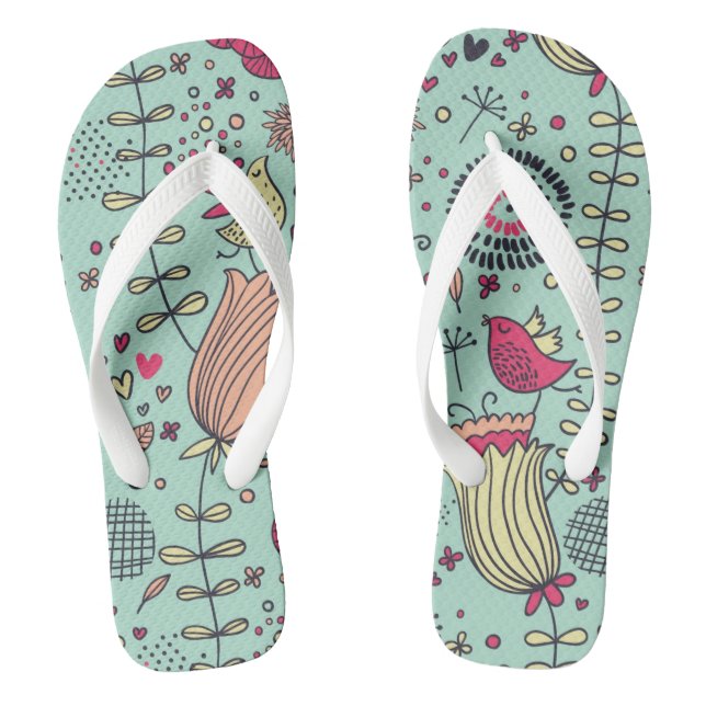 Cartoonblumenmuster mit Vögeln Flip Flops (Fußbett)