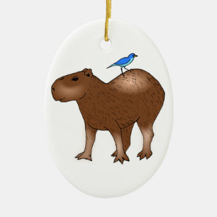 CartoonCapybara mit blauem Vogel auf seiner Keramikornament