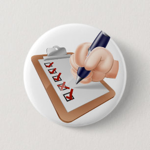 Cartoonhand, die Übersicht abschließt Button