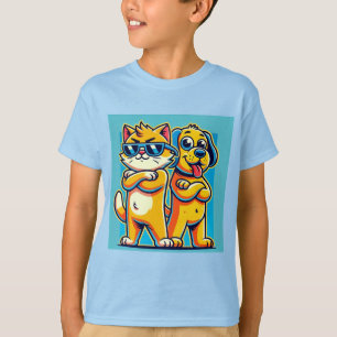 Cartoonillustration einer Katze und eines fröhlich T-Shirt