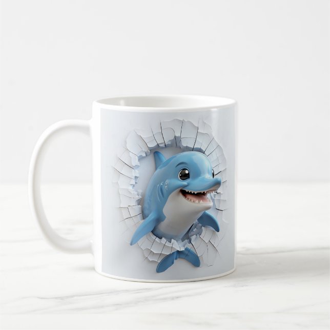 Cartoonish Blue Dolphin Durch die Mauer brechen Kaffeetasse (Links)