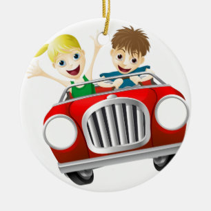 Cartoonmann und -frau im Auto Keramik Ornament