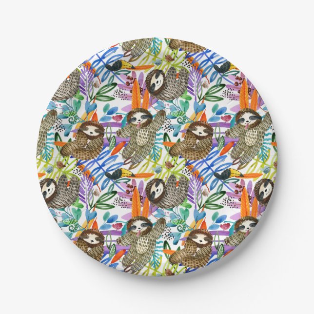 CartoonWatercolorsloth-Muster Pappteller (Vorderseite)