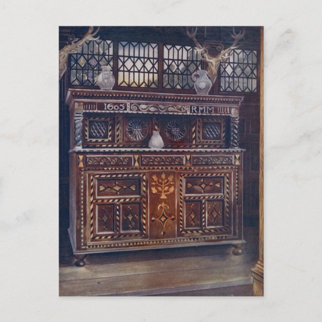 Carved and Inlay Oak Court Cupboard, Edwin Foley Postkarte (Vorderseite)