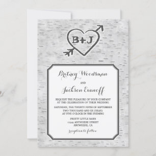 Carved Heart Birch Tree Bark Hochzeitsempfang Einladung