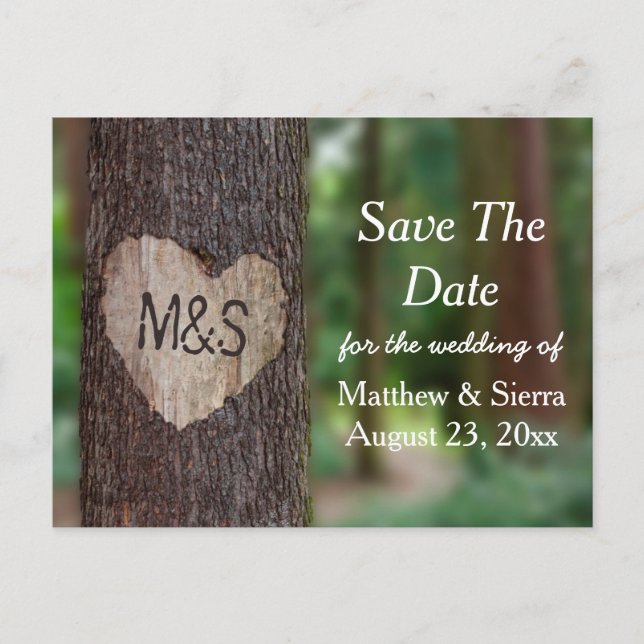 Carved Heart Tree Initials Save the Date Hochzeit Ankündigungspostkarte (Vorderseite)