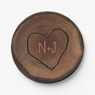 Carved Heart Wood Tree Bark Rustikale Gastgeschenk Pappteller