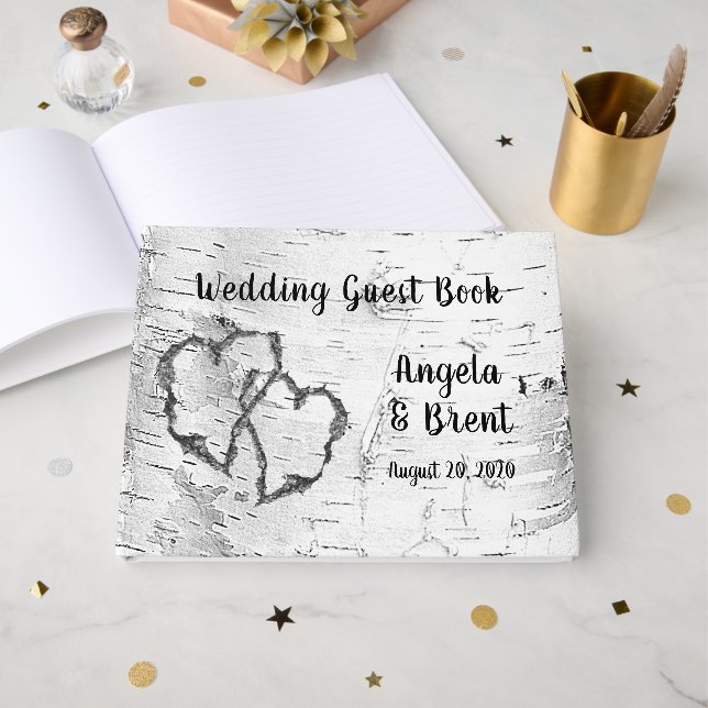 Carved Hearts Birch Tree Bark Guest Book Gästebuch (Vorderseite Offen)