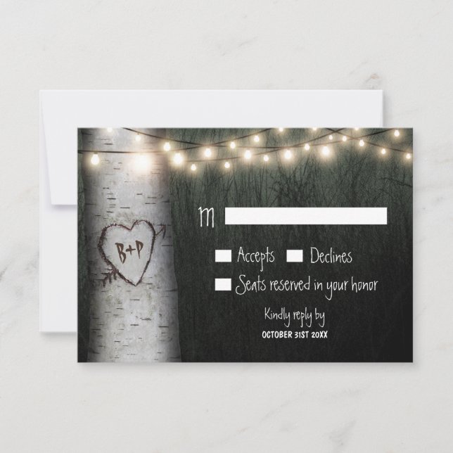 Carved Initials Birch Tree Wedding RSVP Cards Karte (Vorderseite)
