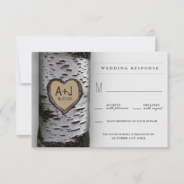 Carved Initials Birch Tree Wedding RSVP Cards Karte (Vorderseite)