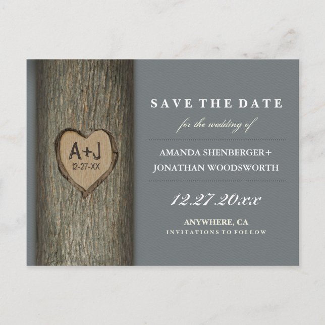 Carved Initials Heart Oak Tree Save the Date Cards Ankündigungspostkarte (Vorderseite)