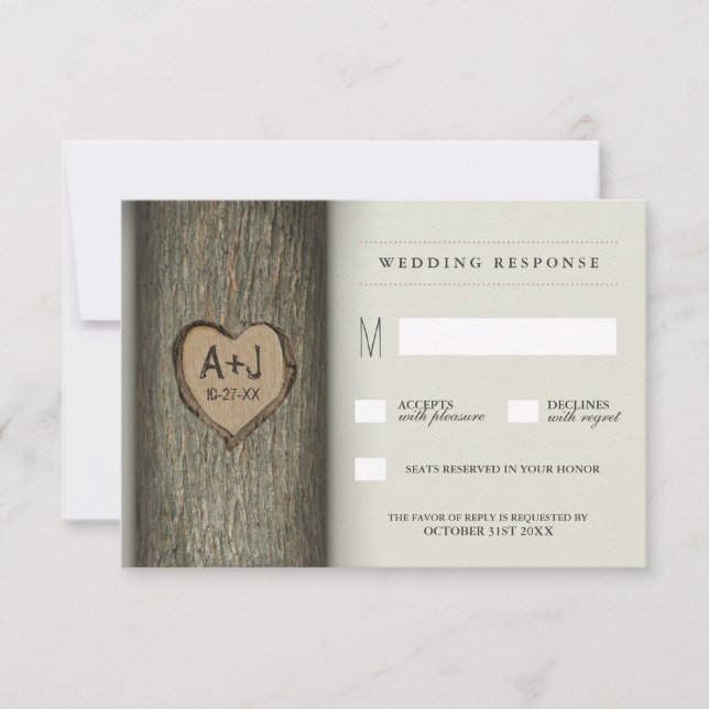 Carved Initials Heart Oak Tree Wedding RSVP Karten (Vorderseite)