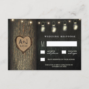 Carved Initials Jars Oak Tree Wedding RSVP Cards Karte