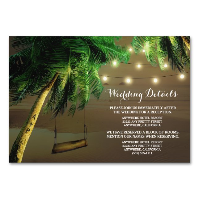 Carved Palm Tree Beach Lights Wedelkarten Tischnummer (Vorderseite)