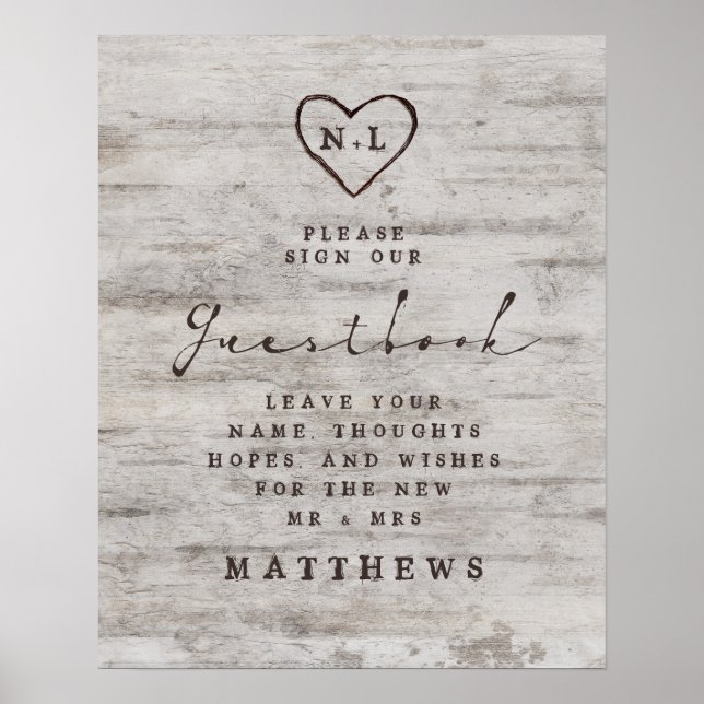 Carved Sweethearts Rustic Birch Guestbook Sign Poster (Vorne)