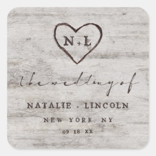 Carved Sweethearts Rustic Birch Monogram Wedding Quadratischer Aufkleber