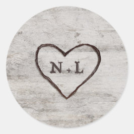 Carved Sweethearts Rustic Birch Monogram Wedding Runder Aufkleber