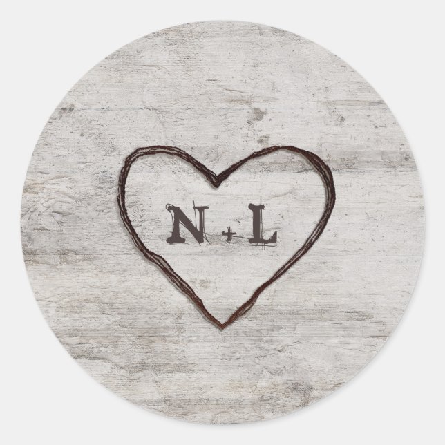 Carved Sweethearts Rustic Birch Monogram Wedding Runder Aufkleber (Vorderseite)