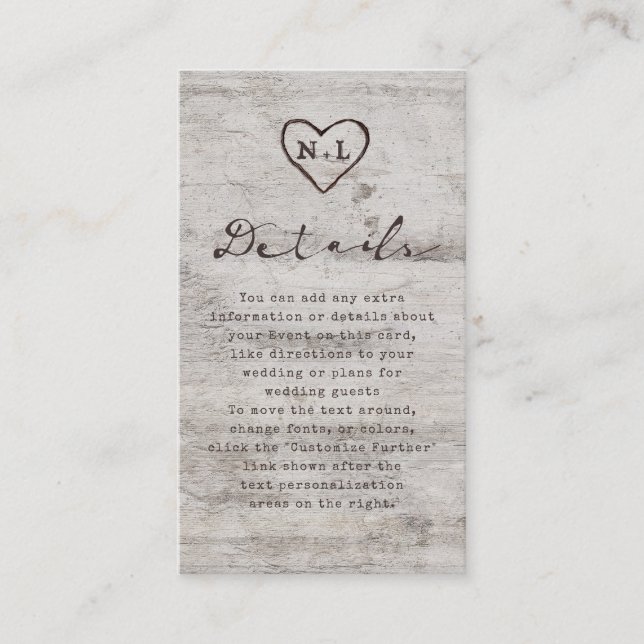 Carved Sweethearts Rustic Birch Wedding Details Begleitkarte (Vorderseite)