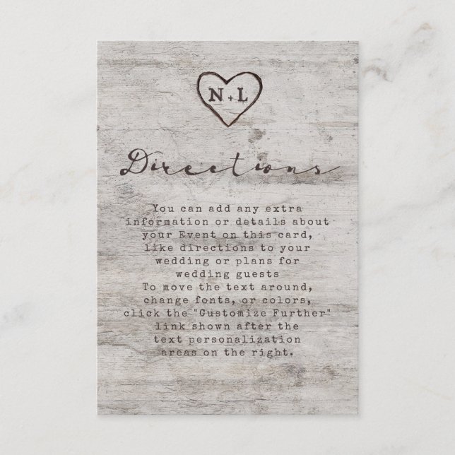 Carved Sweethearts Rustic Birch Wedding Directions Begleitkarte (Vorderseite)