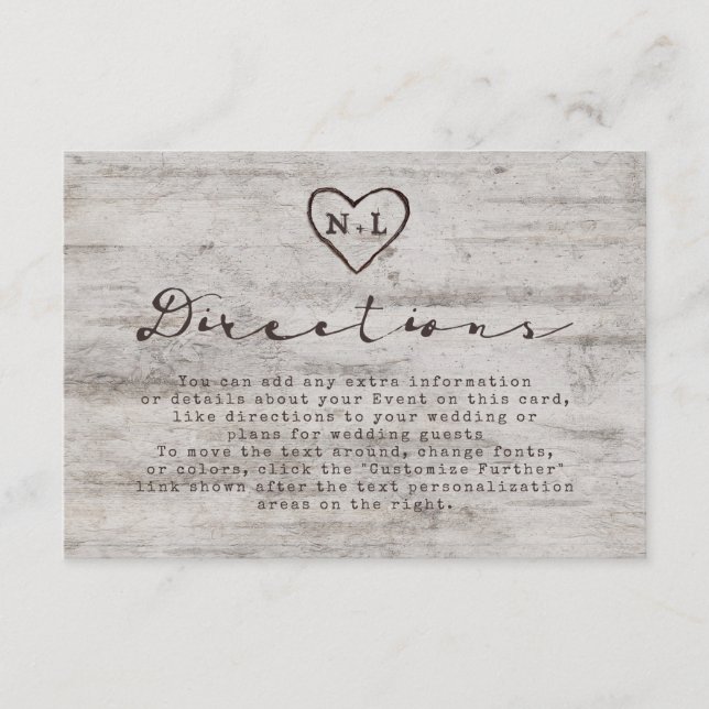 Carved Sweethearts Rustic Birch Wedding Directions Begleitkarte (Vorderseite)