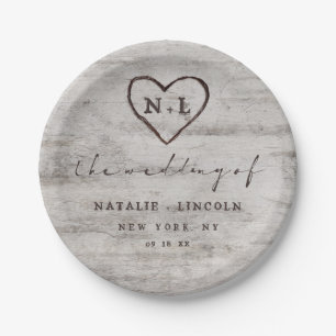 Carved Sweethearts Rustic Birch Wedding Monogram Pappteller
