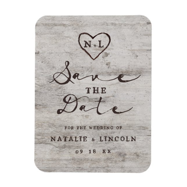 Carved Sweethearts Rustic Birch Wood Save the Date Magnet (Vertikal)