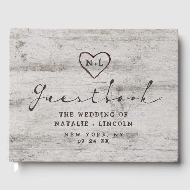 Carved Sweethearts Rustic Birch Wood Tree Wedding Gästebuch (Vorderseite)