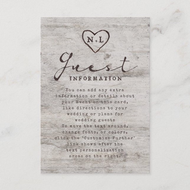 Carved Sweethearts Rustic Tree Wedding Information Begleitkarte (Vorderseite)