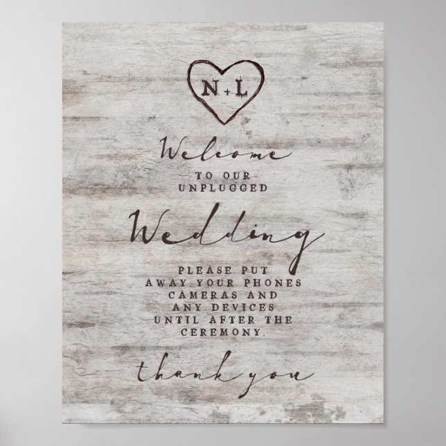 Carved Sweethearts Unplugged Wedding Table Sign Poster (Vorne)
