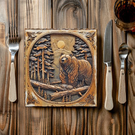 Carved Wood Bear Full Moon Pine Tree Forest Pappteller