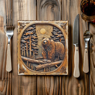 Carved Wood Bear Full Moon Pine Tree Forest Pappteller